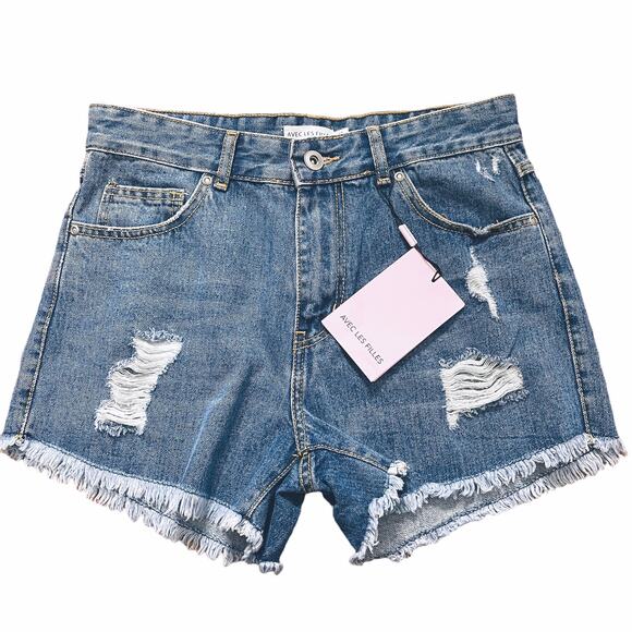 Avec Les Filles Pants - Avec Les Filles Denim High Rise Shorts Distressed Raw Hem Size 27 NEW